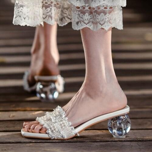 Outdoor Wool White Pearl 5CM Round Clear High Heels Sandals Luxury Slip On Mules Slippers Square Toe Shoes For Evening Woman