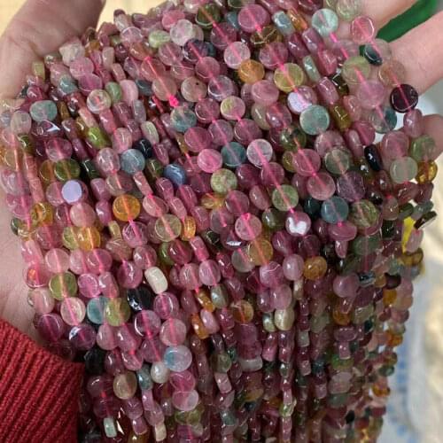 Natural Multicolor Tourmalines Stone Loose Beads High Quality 6-7mm Smooth Coin Shape DIY Gem Jewelry Accessories 38cm wk384