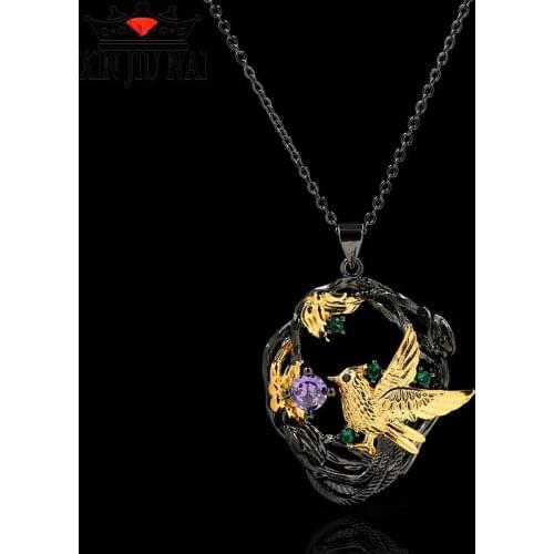 New European and American fashion colored gemstone diamond magpie 14K black gold pendant hollow flower necklace party jewelry