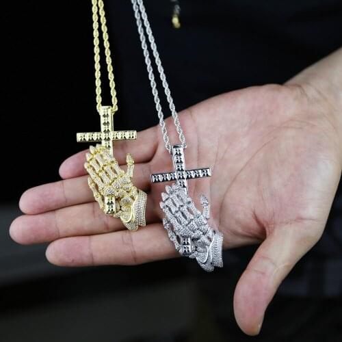 Pray Hand Cross Charm Pendant Necklace For Women Micro Pave CZ Rock Punk Men Boy Jewelry Wholesale