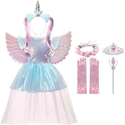 Girls Unicorn Princess Dress with Headband Mesh TUTUT Sequins Kids Cosplay Birthday Party Ball Gown Horse Clothes JYF