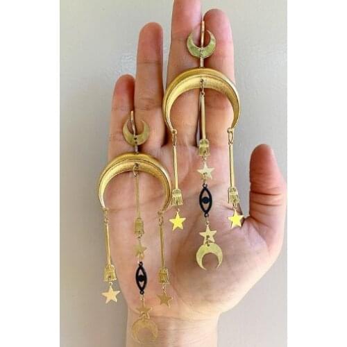 Crescent Moon Earrings, Luna Lunar, Moon Dangle Earrings, Witchy Hippie, Filigree, Moon and Stars Celestial