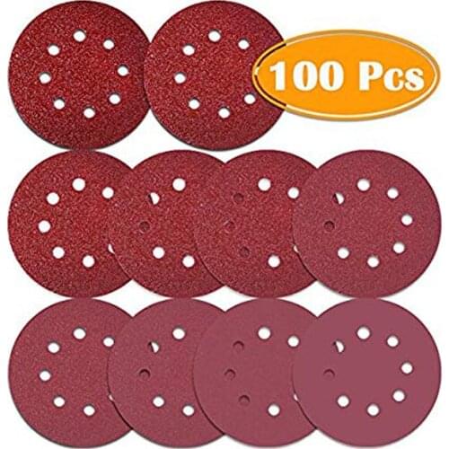100Pcs 5 inch 8 Holes Sanding Discs 40/ 80/100/ 120/180/ 240/320/ 400/800Grit Hook and Loop Sandpaper for Random Orbital Sander