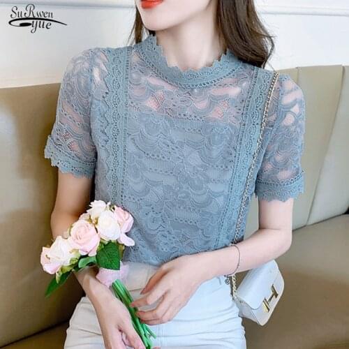 Summer Fashion Loose Hollow Out Floral Chiffon Shirt White Lace Shirt Womens Short Sleeve Top Korean O Neck Blouse Blusas 15211
