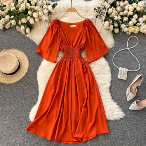2021 Spring Summer Womens Dress French Retro Solid Color Square Neck Elastic Waist Dress New Slim Female Dresses LH699