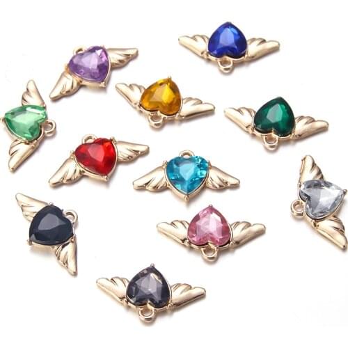 10pcs Angel Wings Crystal Heart Charms Pendant Jewelry Accessories With Hole Fashion DIY Jewelry Findings