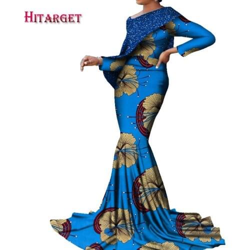 2021 Bazin Riche African Dresses for Women Sexy Lady Floor Length Glitter Collar Dress Plus Size African Women Clothing WY8823