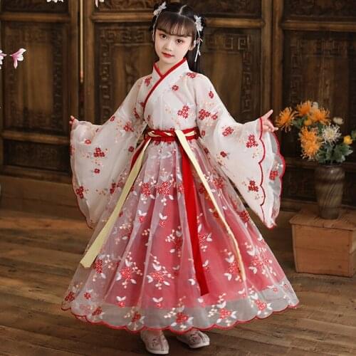 2021 Chinese Style Children Ancient Costume Hanfu Girls Fairy Princess Long Sleeve Formal Party Dresses Evening Wear