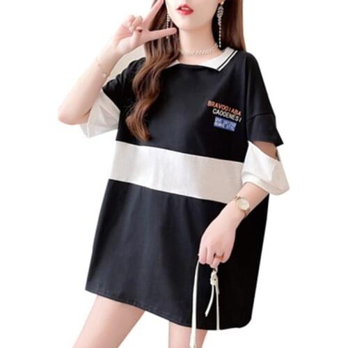 Long T-shirts For Dress Cotton Short Sleeve Summer Women Tees Shirts Femme Fashion 2021 Loose HOLE Korea Top White Black