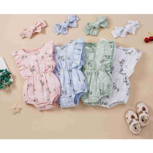 Princess Casual Summer Toddler Baby Girls Clothes Romper Floral Print Cotton Ruffle Sleeveless Jumpsuit+Headwear Infant Sunsuit
