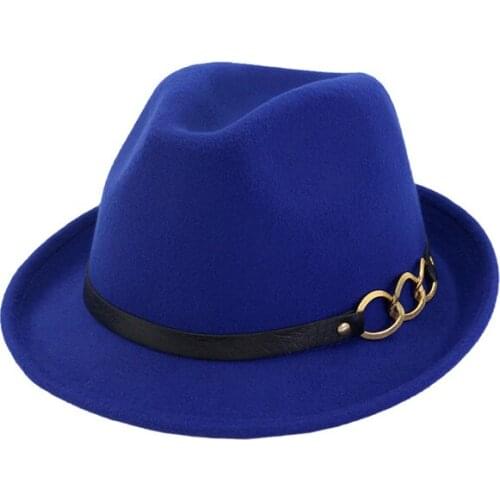 European US Roll Brim Jazz Woolen Felt Fedora Hat with Belt Chain Men Women Formal Party Trilby Stage Performance Hats 6 Colors