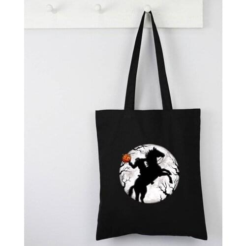 Halloween Headless Horseman Canvas Tote Bag Legend of Sleepy Hollow Spooky Pumpkin Shopping Bags Cartoon Custom Bag Plus