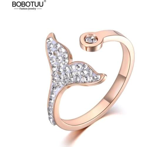 BOBOTUU Trendy Titanium Stainless Steel Fishtail Clay Party Ring Rose Gold CZ Crystal Anniversary Rings For Women Girls BR19030