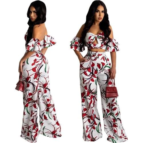 Sexy Chic Fashion Printing Suit Wrap Chest Backless Ruffled Sleeve Crop Tops High Waist Tummy Straight Pants 2PC Set Streetwear