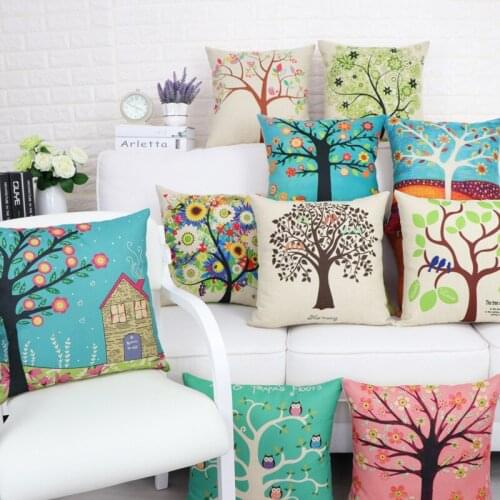 Colorful Life Tree Printed Cushion Covers 45*45 Throw Pillow Covers Sofa Cushion Cotton Linen Pillowcase Home Decor
