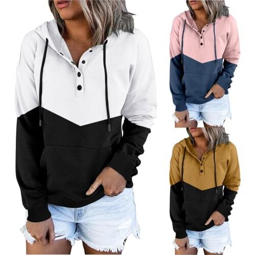 Fashion Patchwork Sweatshirts Woman Long Sleeve Casual Pullover Button Down Hoodies Drawstring Hooded Pocket Sweatshirts 2021