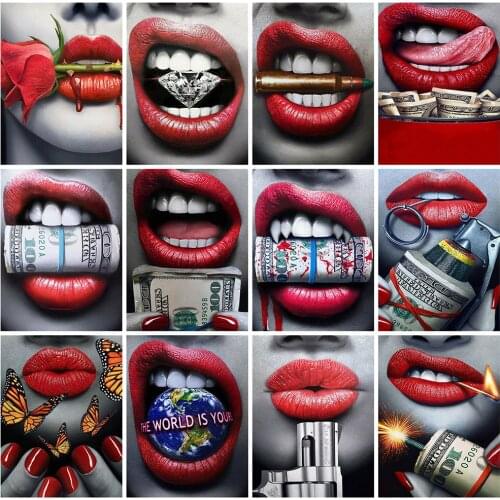 HUACAN Diamond Painting Kit Portrait Pictures Of Rhinestones 5D DIY Diamond Embroidery Woman Lip Mosaic Home Decor