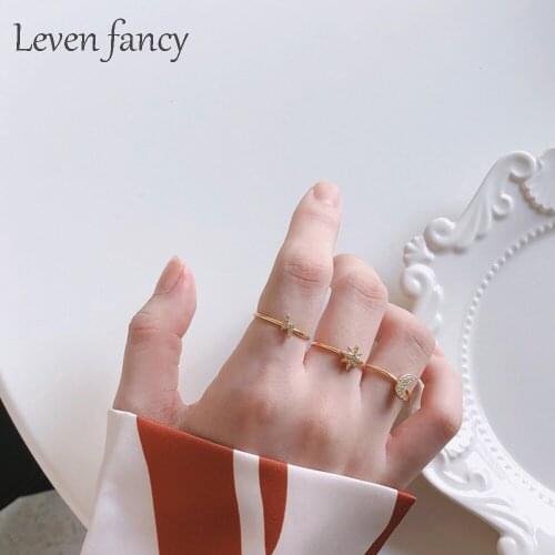 Leven Fancy Adjustable Open 925 Sterling Silver Zircon Rings Lightning Star Moon Cz Real Silver 925 Ring Sets for Girls