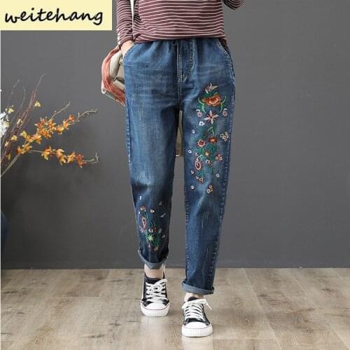 New Arrival Spring Autumn Women Elastic Waist Cotton Denim Harem Pants Flower Embroidery Vintage Loose Jeans Plus Size 460
