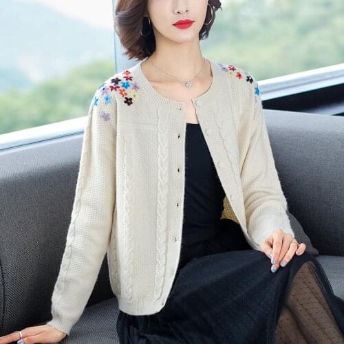 WEIHAOBANG 2021 Autumn Winter New Womens Knitted Solid Color Embroidered Round Neck Single Breasted Long Sleeve Coat