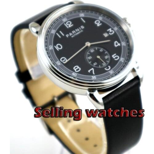 Parnis 42mm Mens Watch Top Brand Mechanical Man Watch Silver Watch Case Black Dial Date Leather Automatic Men Wrist Watch