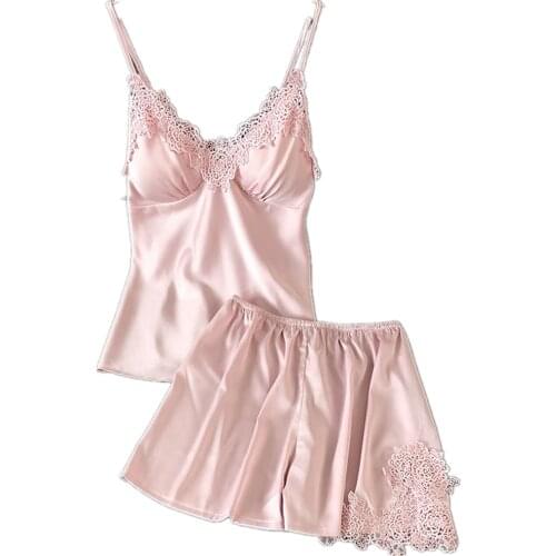 2021 Sexy Women Lace Home Wear Sleep Set with chest pad Casual Satin Gray Sleepwear Home Clothing Silky Solid 2PCS Suit Nightgow