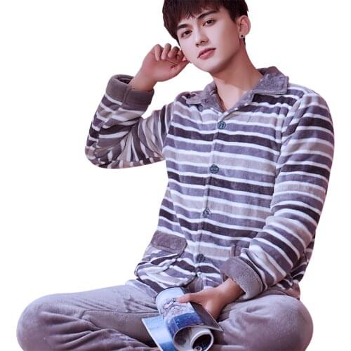 H5884 Sleepwear Men Pajamas Suit Striped Print Thick Flannel Nightwear Winter Warm Long Sleeve Coral Velvet Teenagers Nightgown