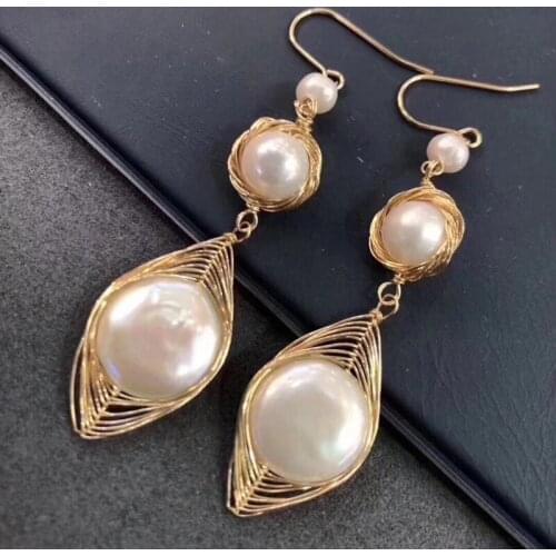 New design special gold leaf design natural white coin shape pearl river oyster cultured high quality handmade earring OL lady