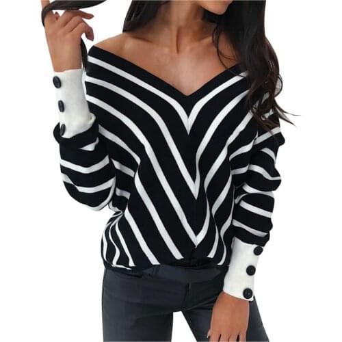 Autumn winter clothes women Sweater Sexy V Neck Loose Pullover Women Warm Casual Striped Long Sleeve Blouse jersey mujer