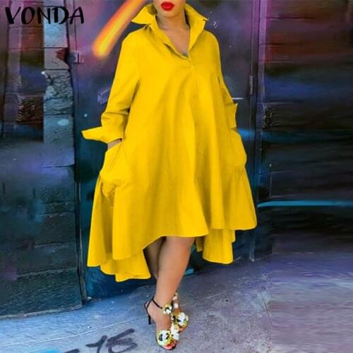 Loose Dress Casual Lapel Neck Dress Women Bohemian Sundress VONDA 2021 Plus Size Vestidos Elegant Sundress Robe Femme