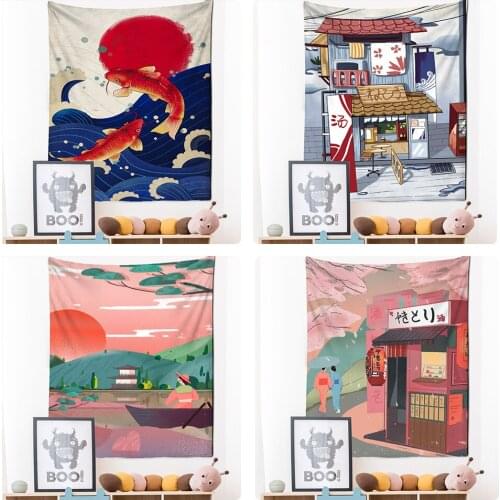 Japanese Illustration Tapestry Wall Hanging Kanagawa Wave Printing Bohemian Hippie Bedroom Home Decor