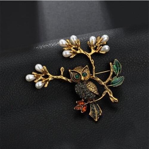 Statement Branch Pearl Owl Brooches For Women Lovely Rhinestone Crystal Nighthawk Luxury Enamel Pin Glaze Vintage Alloy Brooch
