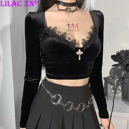 Goth Black Sexy V Neck Long Sleeve T Shirt Vintage Elegant Velvet Cross Basic Tops for Women Girls Autumn Y2K Harajuku T Shirt