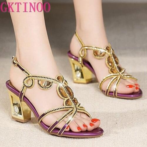 GKTINOO 2021 Rhinestone Women Sandals Genuine Leather Soft Rubber Sole Basic Buckle Strap Size 34-40 Womens Summer Shoes