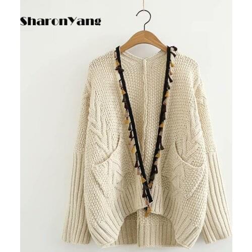 Autumn New Vintage Knitted Cardigan Women Loose Outer Sweater Jacket Female Pocket Knitted Sweater for Lady Open Stitch