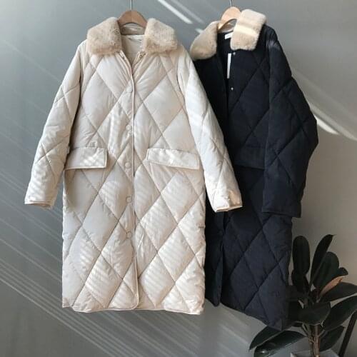 2019 Furry Turn Down Collar Long Sleeve Winter Cotton Down Long Coat Women Tops Single Button Women Coat Casaco Feminino