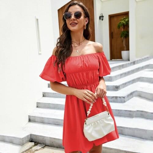 Women Robe Femme Solid Color A-Line Dresses Shrinkage Ruffles Slash Neck Short Sleeve Slim Mini Dress For Woman Vestido De Mujer