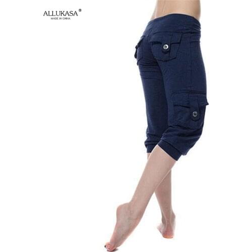 Allukasa 2021 New Fashion Womens Pants Casual Street Clothing Solid Color Pocket Sports Pants Trousers Cropped Pants