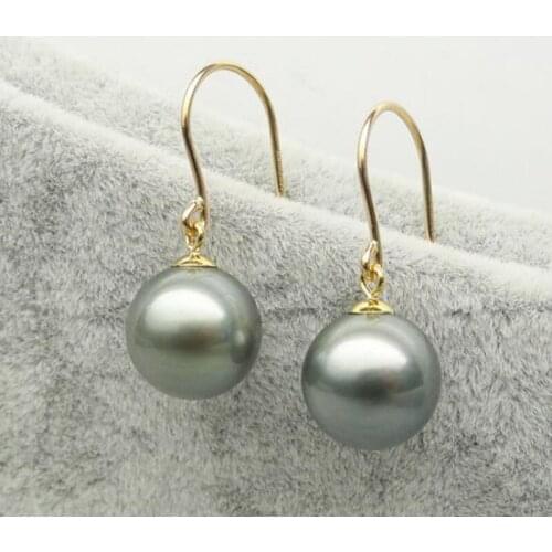 Free Shipping 10-11MM Natural Color Real Tahitian Pearl Drop Earrings Dangle 14K Yellow Gold