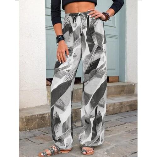Summer Boho Style Pants Casual Loose High Waist Drawstring Wide Leg Beach Women Trousers Straight All-Match Leaf Printed Elastic