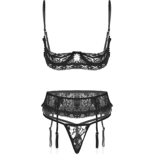 3pcs Sexy Women Lingerie Lace Bra See-Through Lace Bra+G-String Garter Belt Underwear Open Cup Underwired Bra Nightclub Wear