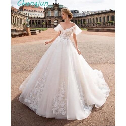 Chengjun New Arrivals V Neck Off Shoulder Tulle Lace Ball Gown Wedding Dresses