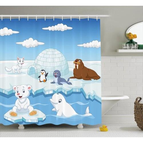 Kids Decor Shower Curtain of Arctics Animals Polar Bears Seal Penguins Wolfs Whales Artwork Wall Decoration Hanging Curtains