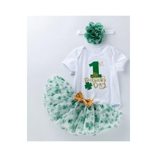 2021 New Girls 3 Pieces Set Infants St. Patricks Day Printed Romper Bow Mesh Skirt Hair Band for Baby Four Leaf Clover Printed