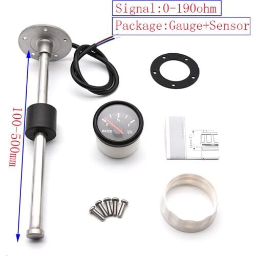 Red Backlight 52MM Water Level Gauge with Water Level Sensor 100-500MM 0-190Ohm Water Tank Level Indicator Meter Pointer Gauge