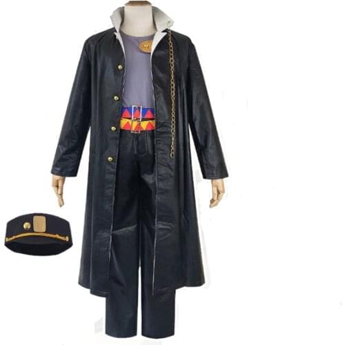 Anime JoJos Bizarre Adventure Jotaro Kujo Cosplay Leather Black Coat Jacket Trousers Hat Full Set Halloween Party Costume