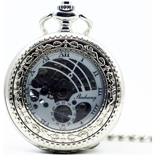 Best Roman Numerals Mechanical Pocket Watch Silver Hollow Skeleton Exquisite Fashion Steampunk Hand Winding Watches PJX1292