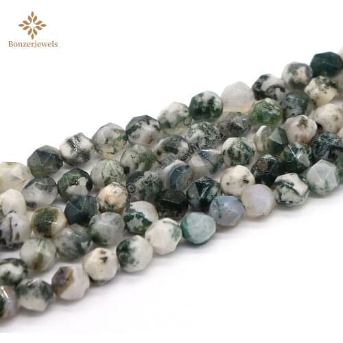Natural Faceted 6-12mm Matte Diamonds Frost Green Tree Agates Star Cut Polygon Beads For Jewelry Making 15