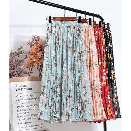 New High Waist Pleated Skirt Women Elegant Vintage Print Floral Chiffon Skirts Summer Elastic Waist Big Swing Long Skirt Clothes