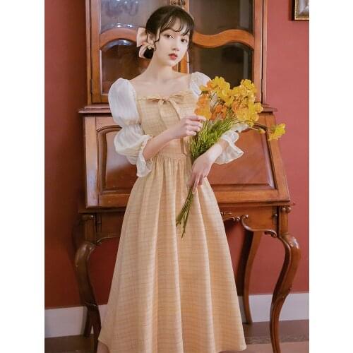 2020 new fashion womens clothing Vintage dresses Square Collar Plaid Short